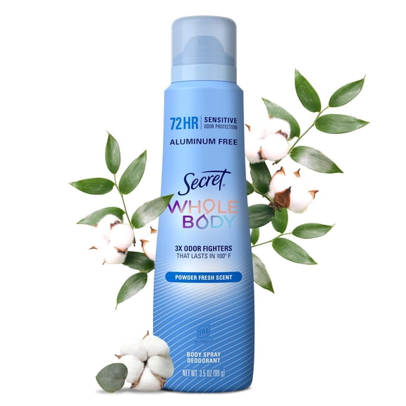 Secret Whole Body Deodorant Spray for Women, Powder Fresh Scent, Aluminum Free Deodorant, 72 HR Odor Protection, 3.5oz