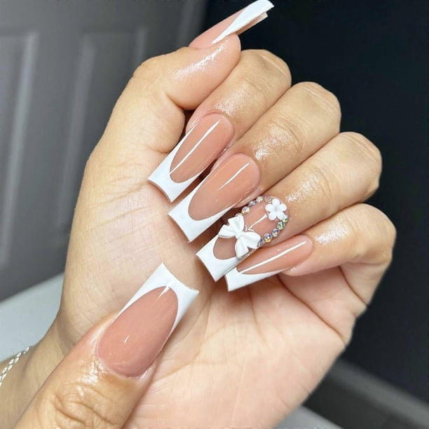 Elegant Press on Nail White Bows Design French Manicure False Nails For Students Professionals And Homemakers 24Pcs