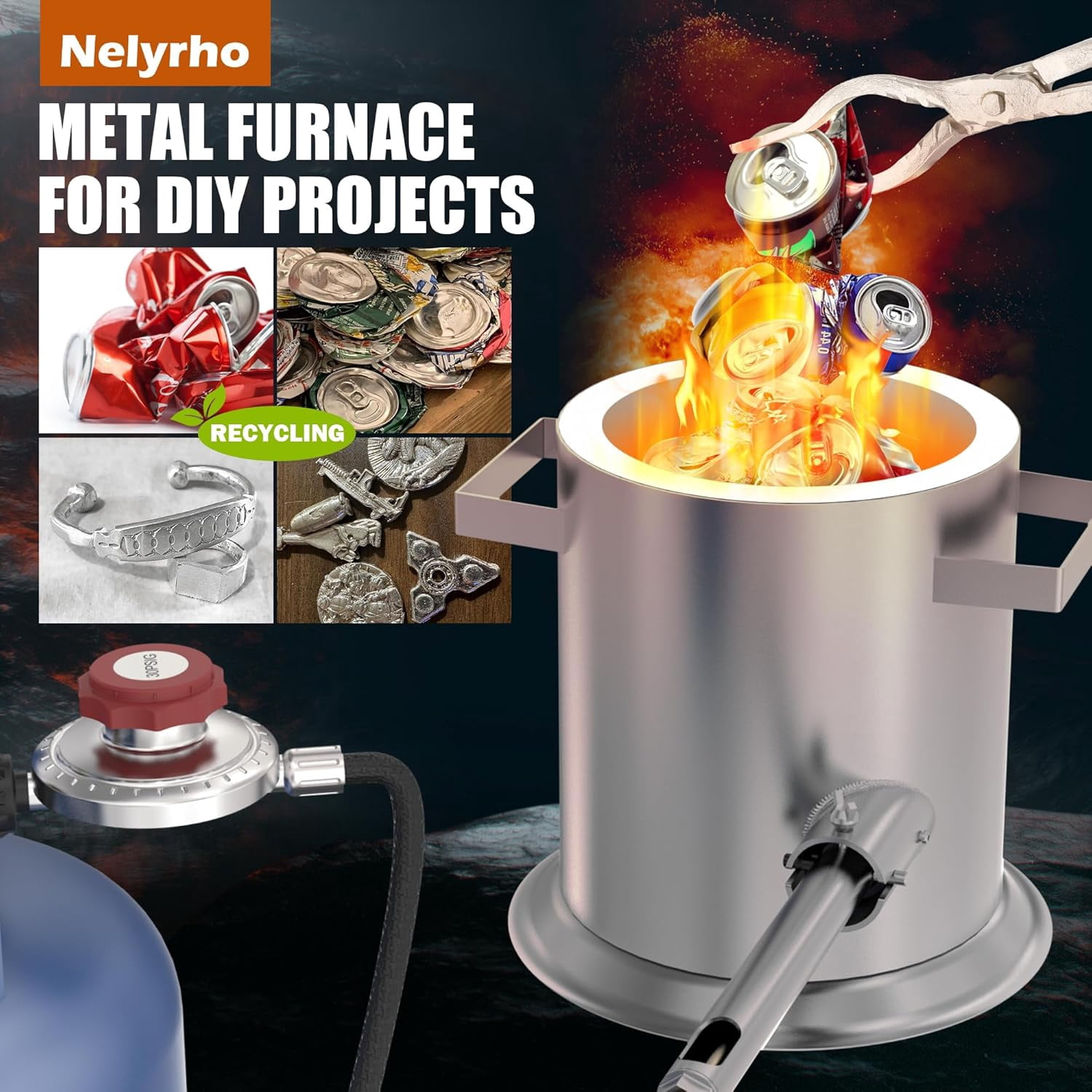 Nelyrho 6KG Propane Metal Melting Furnace Kit with Crucible, Tongs, Mold, Gloves, Carry Bag, 135,000 BTU Burner, 2552°F High Heat Foundry for Aluminum, Silver, Copper Smelting and DIY Metal Recycling