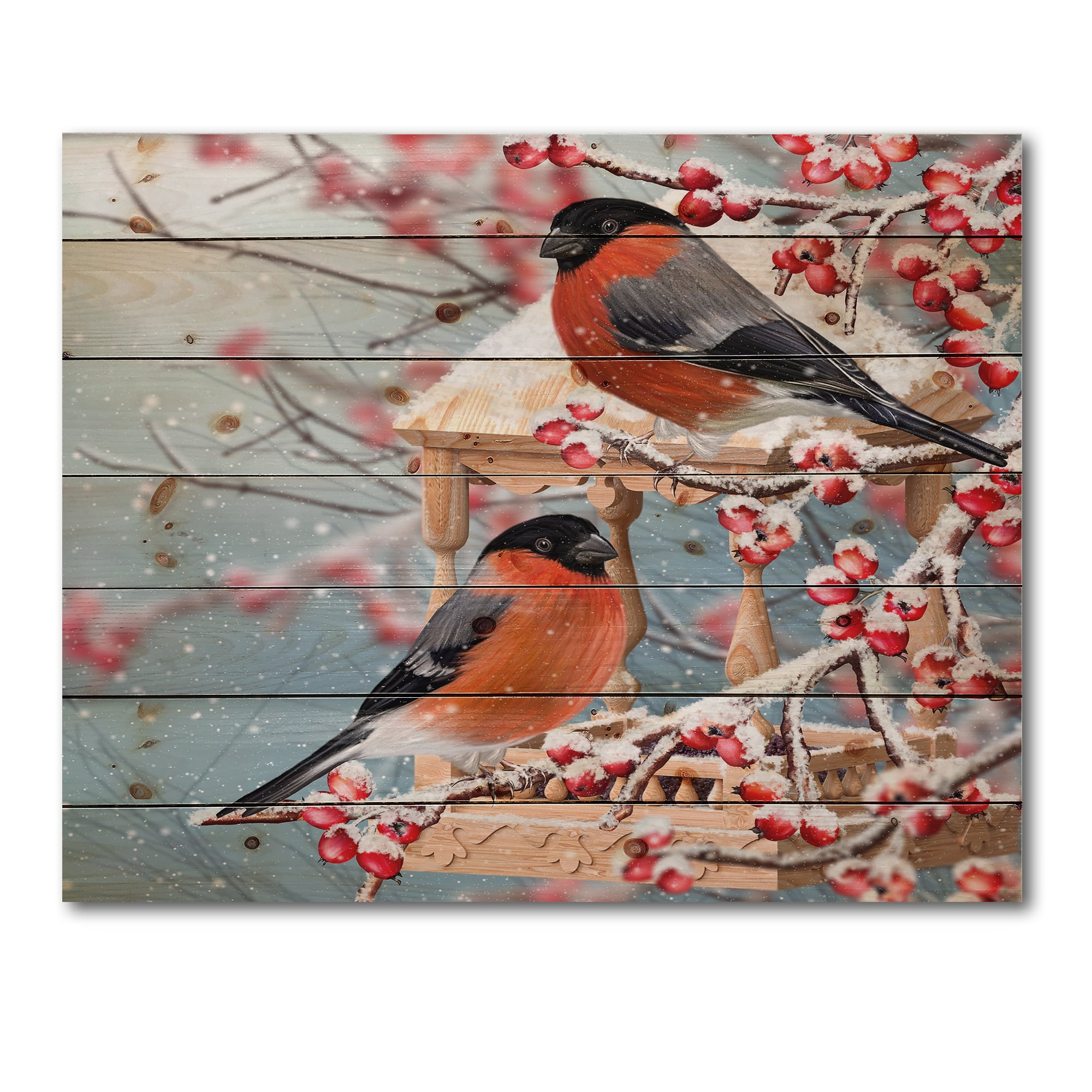 Designart 'Two Tits Sit On A Snow-Covered Berries Branch ' Traditional Print on Natural Pine Wood