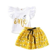 wsevypo Baby Girls 1st Birthday Dress Flying Sleeve Wild One Tshirt/Romper Top and Honeybee Tutu Skirts 2PCS Outfits