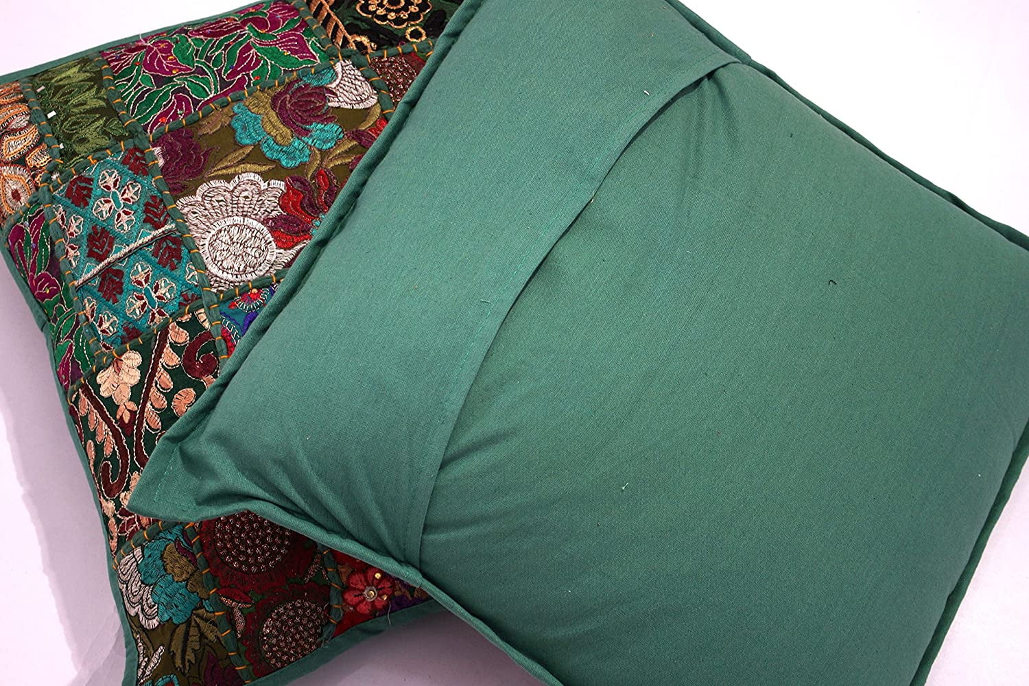 Indian Bohemian Decorative Sofa Throw Pillow Cover 16 Inch Cotton Patchwork Geometric Indian Square Couch Cushion Cover (Size - 40x40 cm ; Color: Green )