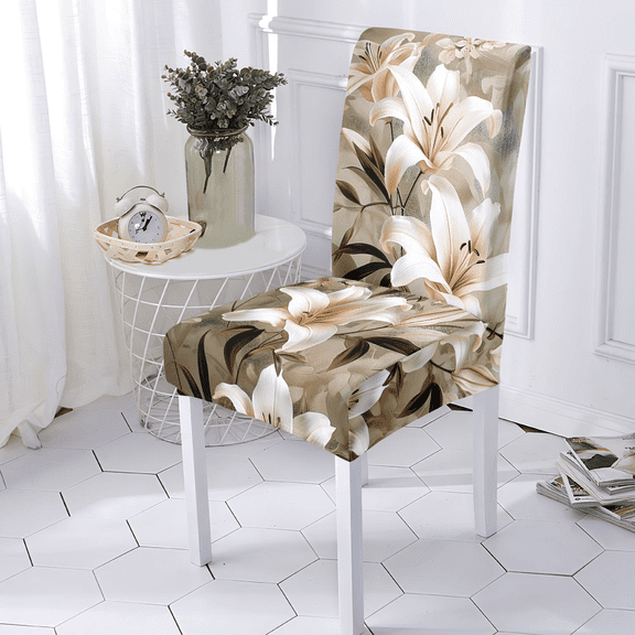 4 Pcs Spring Flower Chair Covers Set, Stretchable Polyester Dining Chair Slipcovers with Elastic Hem, All-Season Protectors for Kitchen, Hotel, Home, Beige, 17.72-25.59 in Back Height