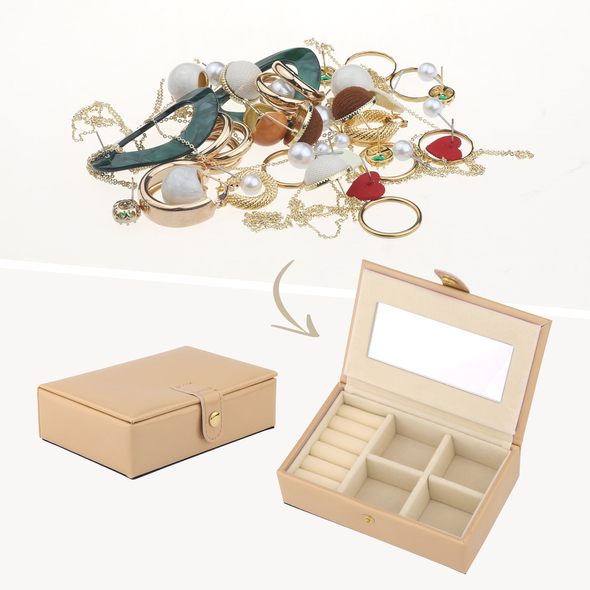Unique Bargains Travel Jewelry Box Portable Organizer Case with Mirror Gold