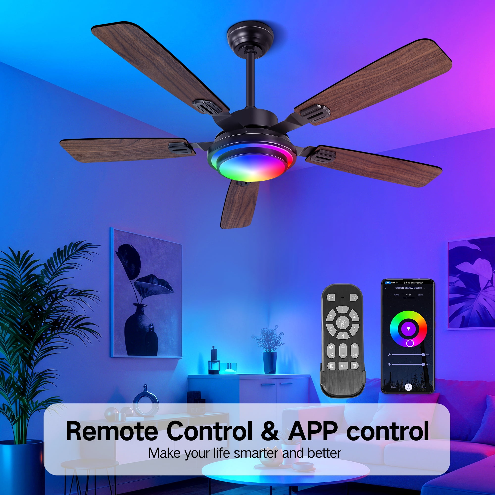 OUTON 52" Ceiling Fans with Light Remote Control, Flush Mount, 5 Blades,Reverse DC Motor Quiet Ceiling Fans, Dimmable Modern Ceiling Fan for  Living Room, Bedroom,Walnut