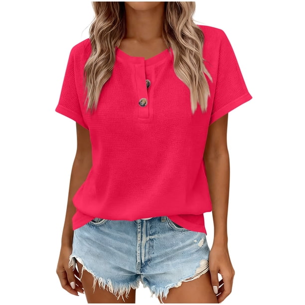 Camisas de Manga Corta para las Mujeres Casual Botón de Color Sólido Cuello Redondo Camisa de Manga Corta de Tamaño Grande Verano Camisas de Manga Corta para las Mujeres
