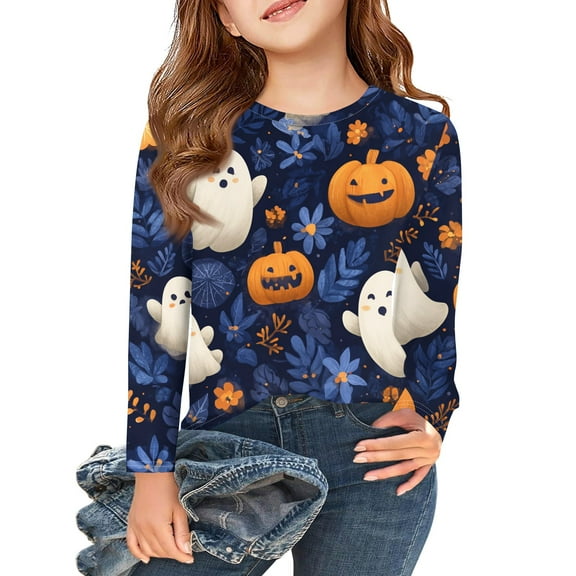 Abcomgle Girls Halloween Shirts 5t Spooky Ghost Pumpkin Graphic Tshirts for Girls Crewneck Long Sleeve Shirts for Kids Girls Fall Funny Holiday Top for Girls,5-6 Years