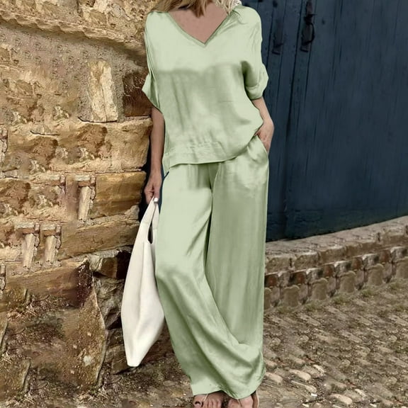 Women Solid Color Pockets Set 2024 V Neck Short Sleeved Wide Leg Pant Suits Fashion Casual 2pcs Long Pant Outfits Suit Trousers for Women Formal Pants Suits for Women Evening Weddings Suits Women