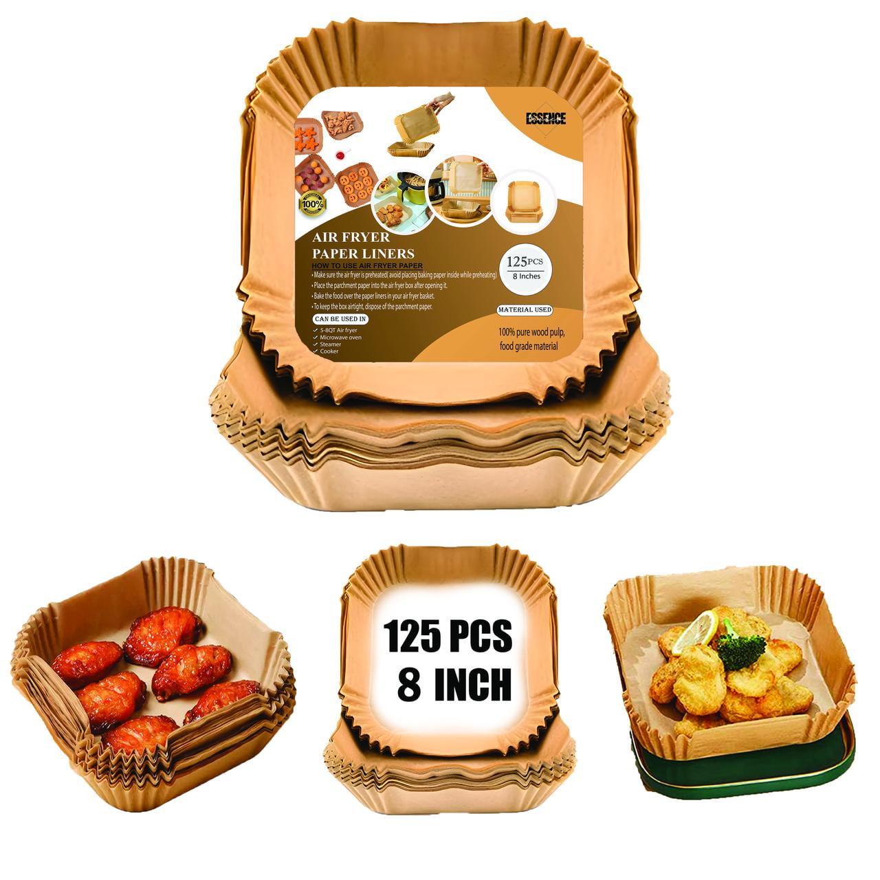 Air Fryer Paper Liners, 125Pcs Air Fryer Disposable Paper liners, 8 inch Nonstick Unbleached