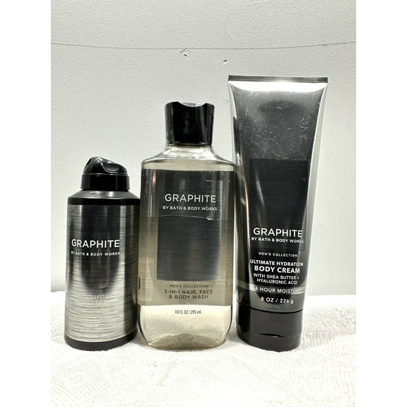 Bath & Body Works Graphite Men's Collection 3 Piece Gift Set (Body Spray 3.7 oz, 3-in-1 Hair, Face, and Body Wash 10 fl oz, and Ultimate Hydration Body Cream 8 oz)