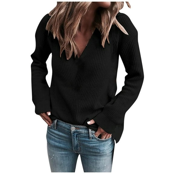 NAMTYQX Womens Sweaters Womens Pullover Sweaters Casual Long Sleeve V Neck Loose Fit Knitted Solid Color Warm Black Size L