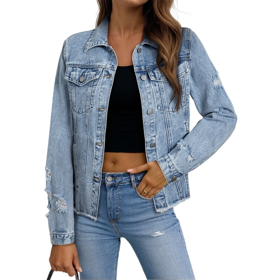 Eytino Jean Jacket for Women Long Sleeve Button Boyfriend Distressed Ripped Denim Jacket Coat with Pockets Blue S-2XL
