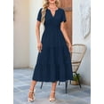 thumbnail image 3 of Womens Summer Casual Light-Weight Short Sleeve V Neck Elastic Waist Boho Beach Midi Dress Pockets Navy Blue S, 3 of 6
