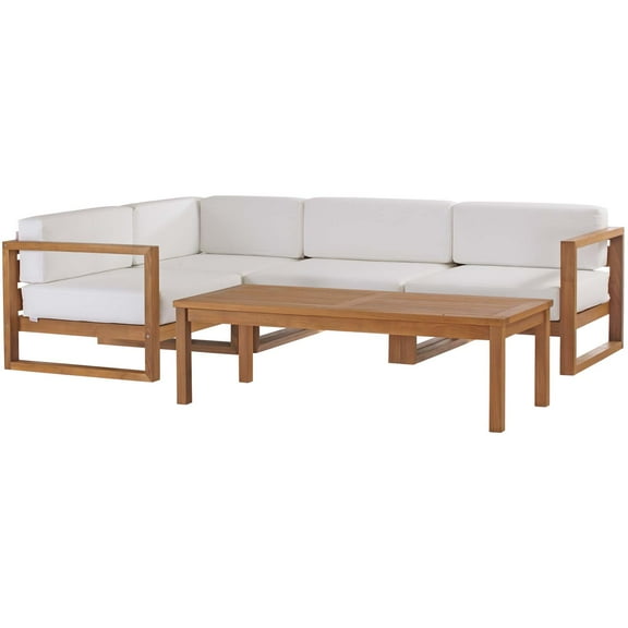 Lounge Sectional Sofa Chair Table Set, Wood, Brown Natural White, Modern Contemporary Urban Design, Outdoor Patio Balcony Cafe Bistro Garden Furniture Hotel Hospitality