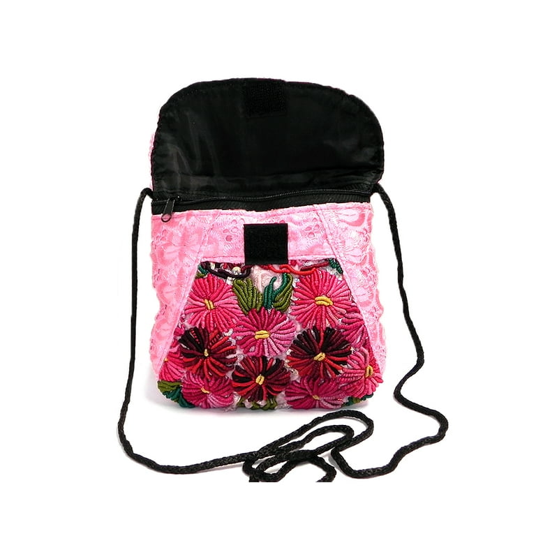 Small Cotton Floral Embroidery Pouch Shoulder Bag with Long Strap