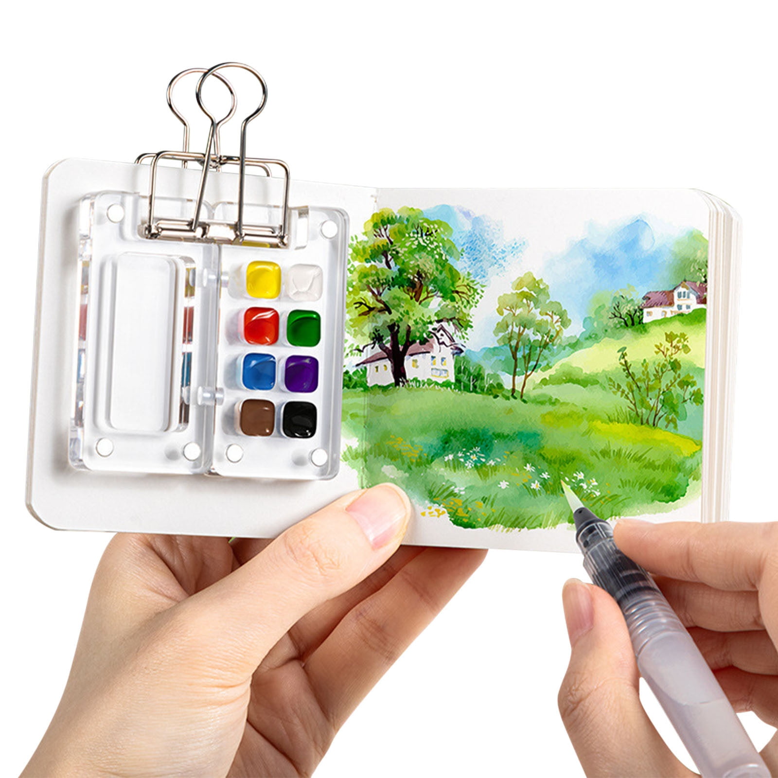 Acrylic Portable Palette with Clip, 8 Grids Portable Palette Watercolor Pocket Wooden Paint Palette Mini Travel Paint Tray Box for Watercolor, Gouache (Pigment Not Included)
