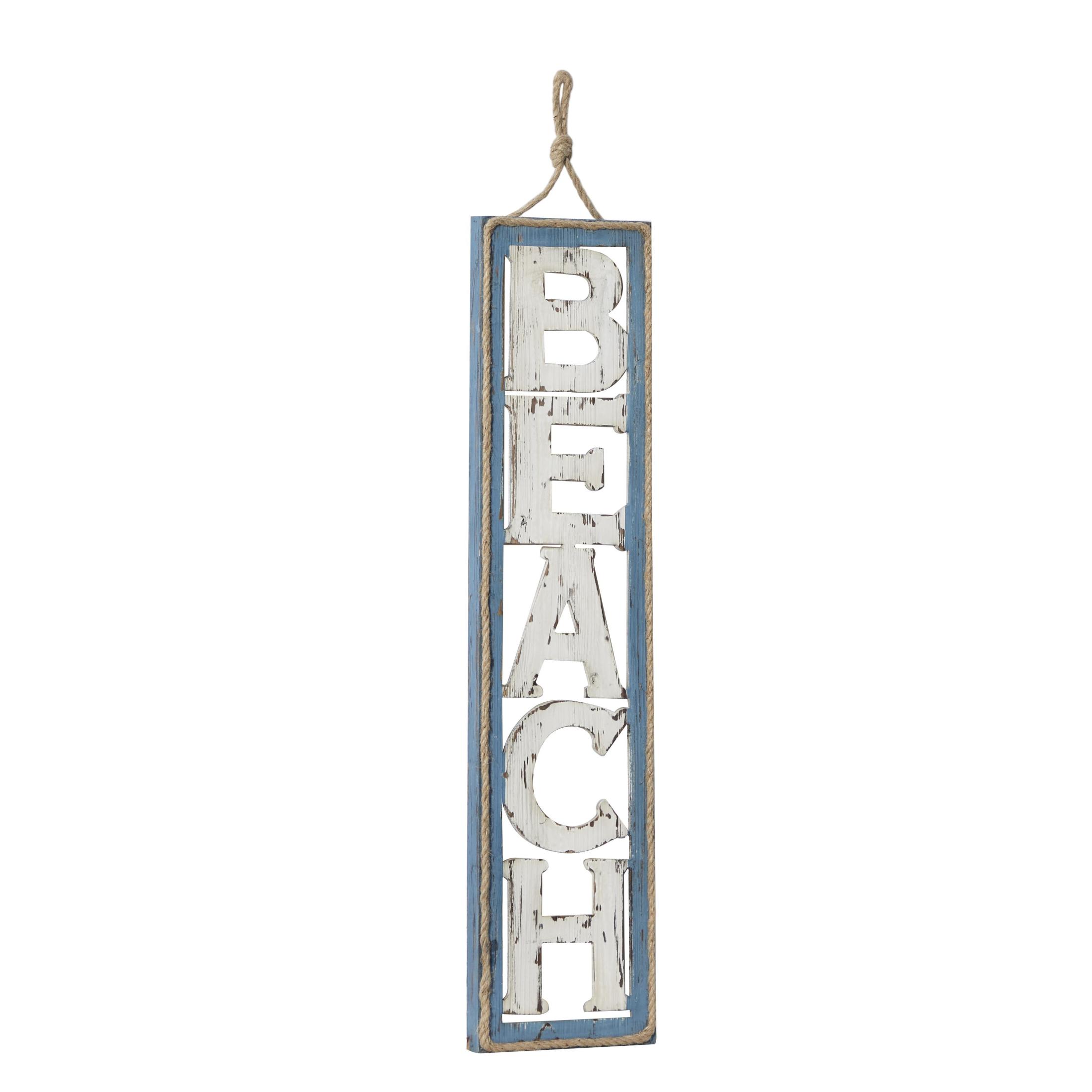 DecMode Beige Wooden Beach Sign Wall Decor with Rope Hanger