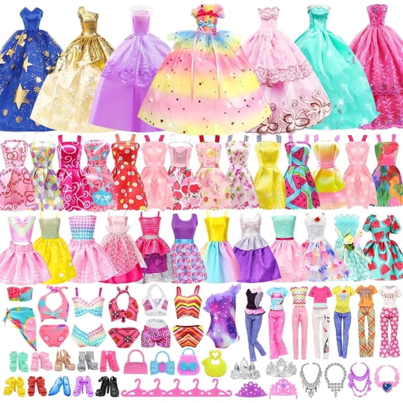 ECORELF 100 Pcs Doll Clothes and Accessories 5 Wedding Gowns 10 Camisole Dress 2 Fashion Dresses 2 Tops 2 Pants 2 Bikini Swimsuits 10 Shoes 40 Hangers 17 Accessories for 11.5 inch Doll