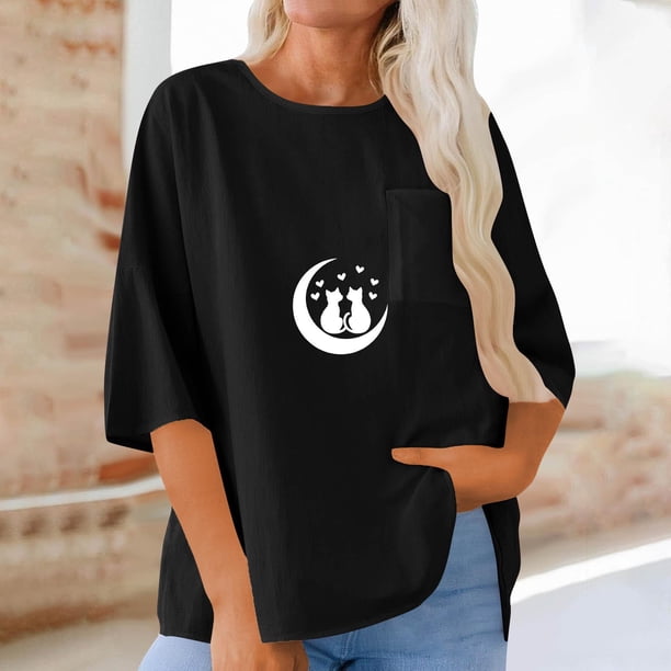 Xuyuer Women's Imitation Linen 3/4 Sleeve Blouse Crew Neck Summer Casual Tops Loose Fit Plus Size Tops Loose T Shirts Tunic Tops Shirts for Women Oversized Pocket T-shirt Fashionable Top