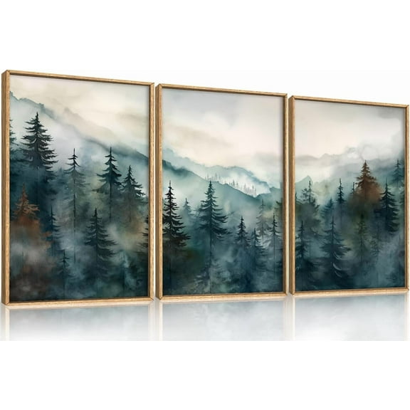 Watercolor Misty Forest Framed Canvas Wall Art Set, Nature Landscape Wall Decor, Foggy Mountain Pine Trees Wall Painting, Jungle Scenery Artwork for Living Room, Bedroom, Office - 16"x24"x3