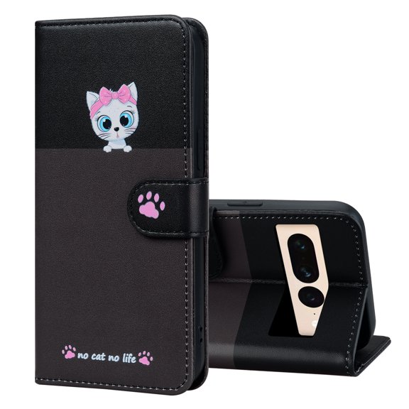 Allytech Wallet Case for Google Pixel 8a with Cute Cartoon Pattern, 3 Card Slots 1 Cash Slot Wrist Strap, Premium PU Leather Stand Magnetic Clasp Shockproof Protective Case, Darkgray