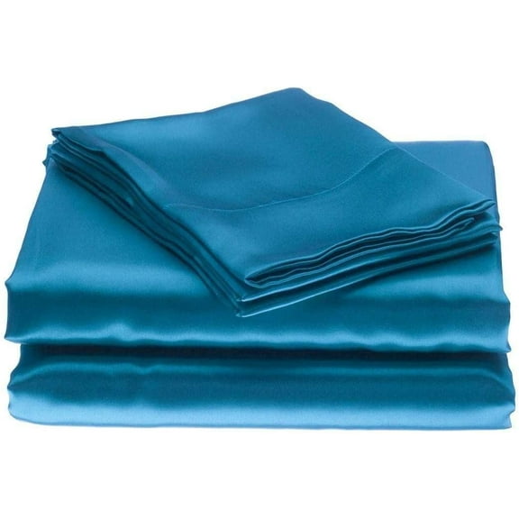 Bedify Bedding 100% Pure Silk Satin Sheet Set 4pcs, Silk Fitted Sheet 15" Deep Pocket Mattress fit,Silk Flat Sheet&Silk Pillowcases Set Soft Silk Sheets|Wrinkle Free Fade Resistant Turquoise BlueQueen
