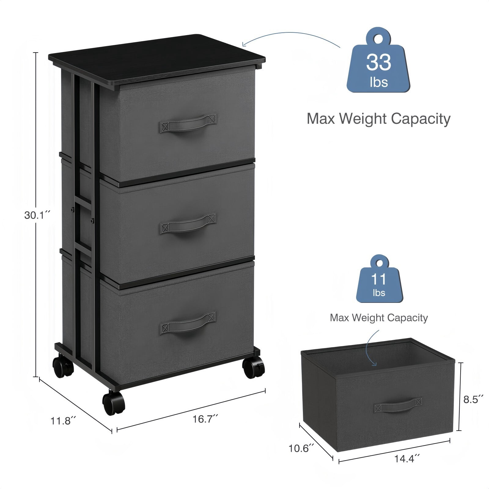 BEAUTYPEAK 3 Drawer Rolling Fabric Dresser Mobile Nightstand Storage Cabinet with Lockable Casters for Bedroom Closet Office, Gray