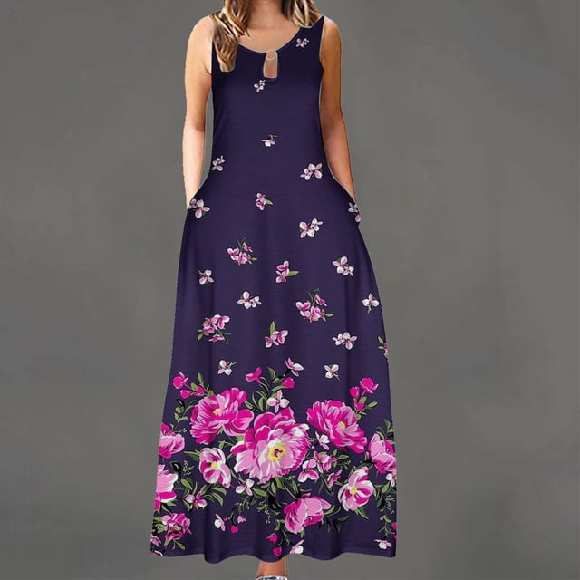 SMihono Robe d'Été Grande Taille pour Femmes 2023 Sans Manches Col Rond Imprimé avec Poche Grande Robe d'Été
