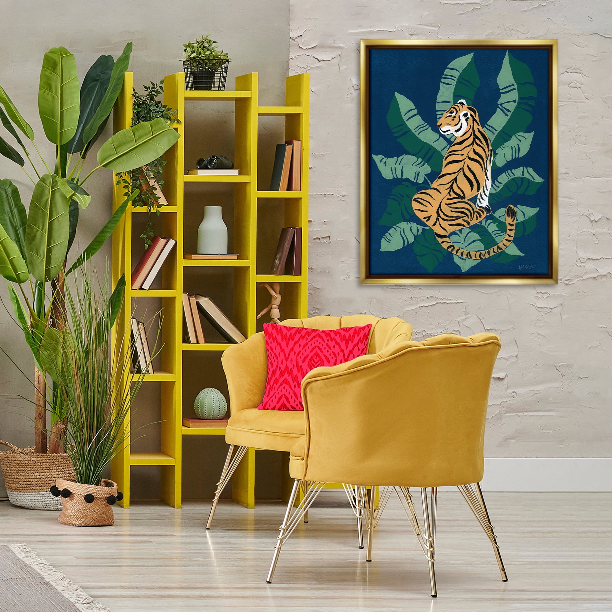 Stupell Industries Tiger Sitting over Palms Animals & Insects Painting Gold Floater Framed Canvas Art Print Wall Art, 25 x 31