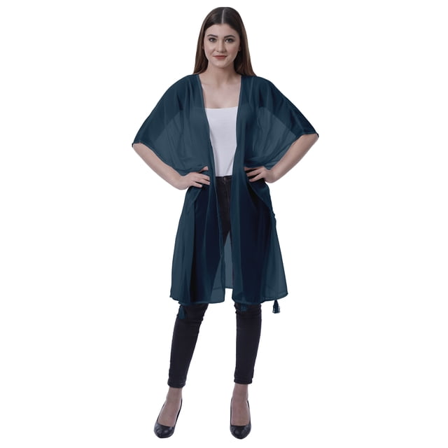 Moomaya Gilet Georgette pour Femmes Ouvert devant Long Transparent avec Franges
