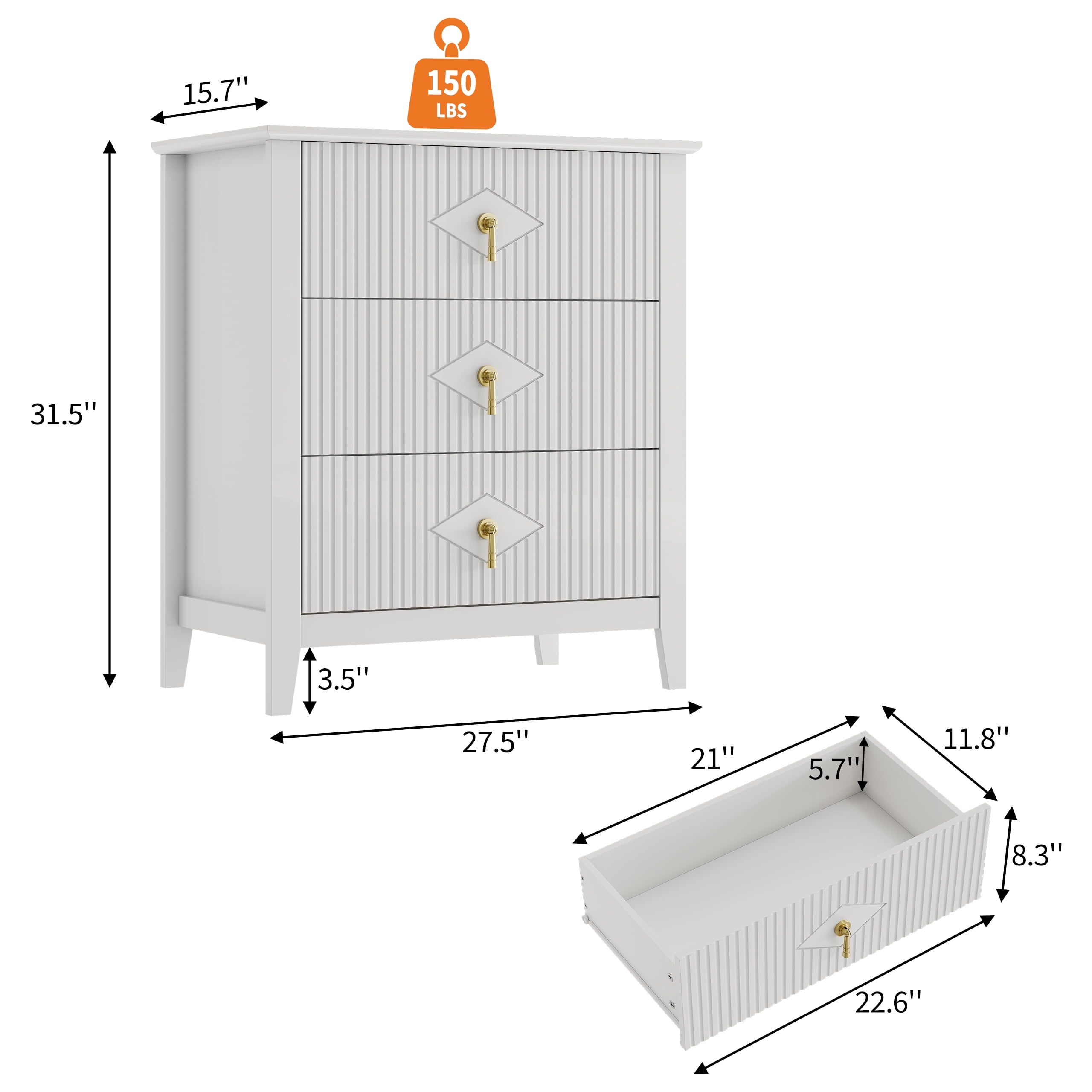White Fluted Dresser for Bedroom, 32 Inch Wide Nightstand with Large Drawer, 3 Drawer End Table for Bedroom, Living Rooms, Offices, and Entryways