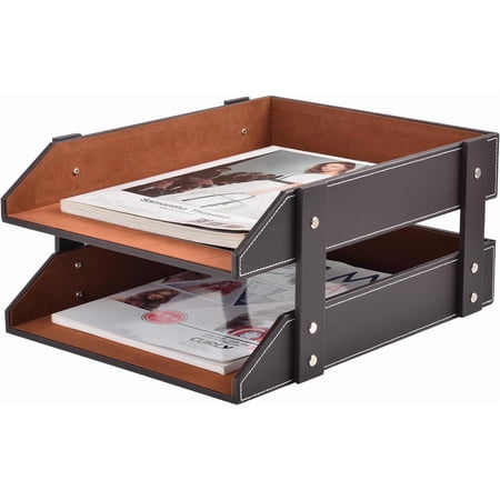 Leather Desk Organizer 2-Tier Stackable Letter Tray Holder Office Supplies Desktop Storage Box for Document Stationery Magazines Newspapers Letters and Other Home Office Paper Sundries Coffee