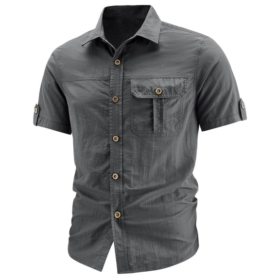 Men's Short Sleeve Button Down Work Shirts Turndown Collar Blouse Casual Cargo Shirt with Pocket for Hiking Camping Gray 4XL