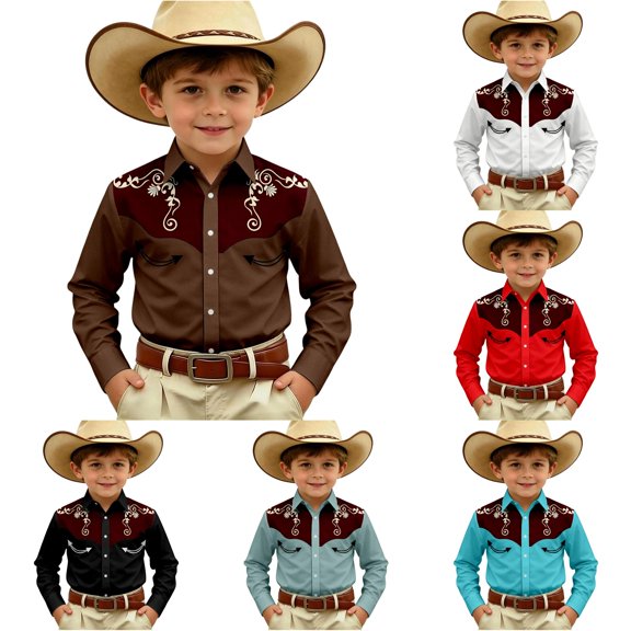 Gunia Western Cowboy Shirts For Boys Long Sleeve Print Shirt Tops Casual Button Up Blouse Youth Shirts For Boys Brown 8-9 Years