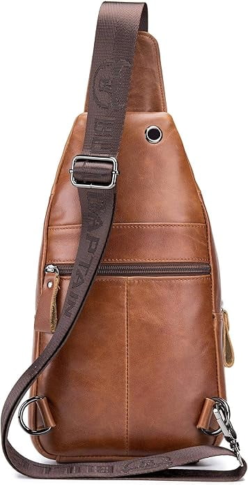 BULLCAPTAIN Genuine Leather Sling Bag for Men, Crossbody Chest Backpack with Adjustable Strap, Zipper Closure,Brown