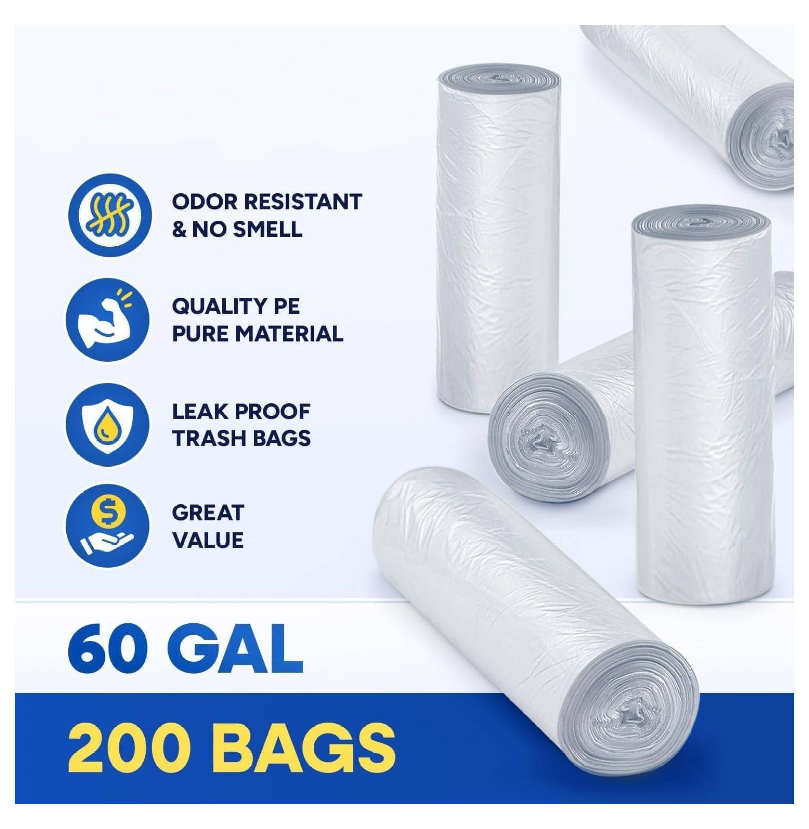 55-60 Gallon Clear Trash Bags, W x 38 in, L x 60 in, 12 Micron High-Density Can Liners, Leak-Resistant Garbage Bags, Fits Round & Square Cans, Pack of 200