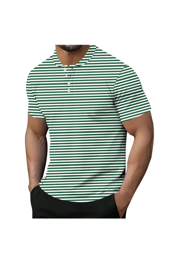 Mens T-Shirts Striped Printed Stand-Up Collar Half-Button Short-Sleeve Shirt,Sizes M-3XL