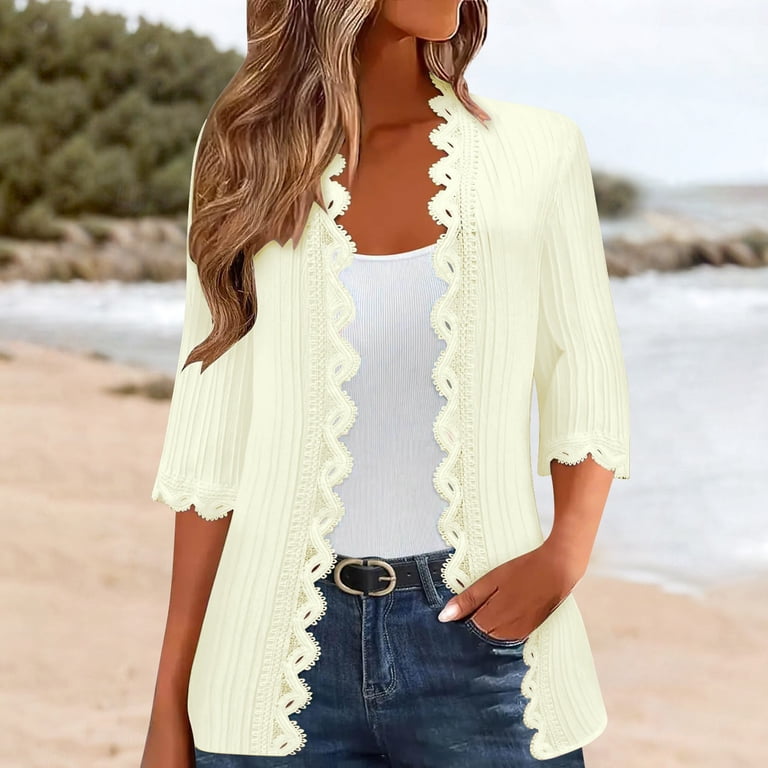 ladies dress cardigans Whitleig Women's Knit Long Sleeve V Neck Button Down Lightweight Scalloped Shrugs Jumper Cardigan for Summer Evening Wedding Details A ribbed set McVanedy Womens Cardigan Knit Tops