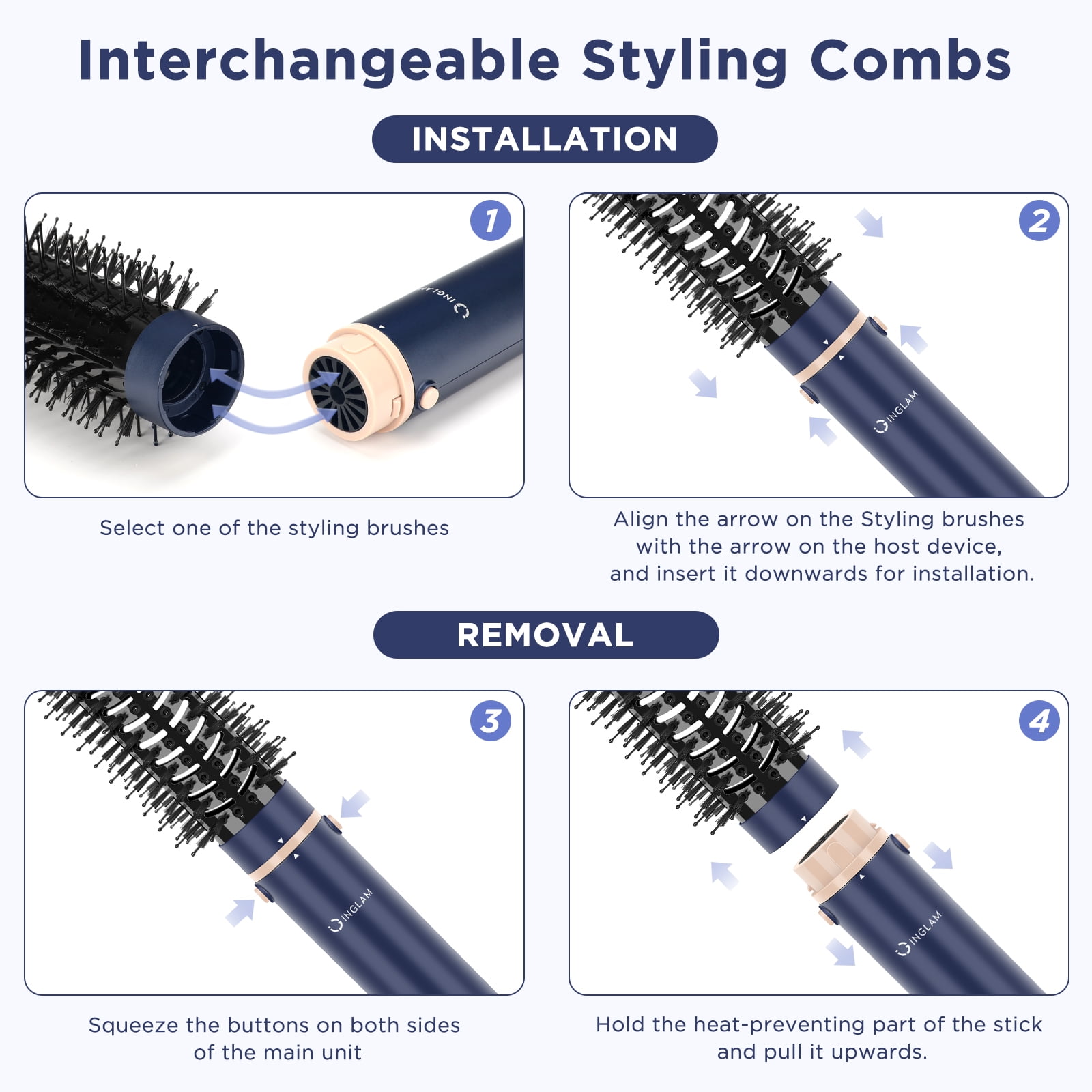 IG INGLAM 6 in 1 Hair Dryer Brush Set with No Heat Damage Air Straightener, 200 Billion Ionic Blow Dryer Brush, High-Speed Hair Dryer Volumizing and Wrap Curlers, Prussian Blue