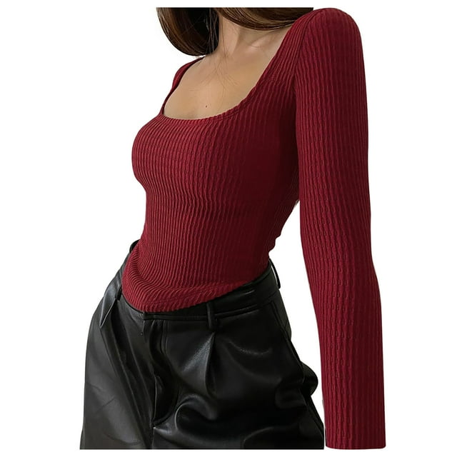 Yuyuzo Womens Ribbed Knit Tops Long Sleeve Square Neck Shirts 2025 Spring Slim Tees