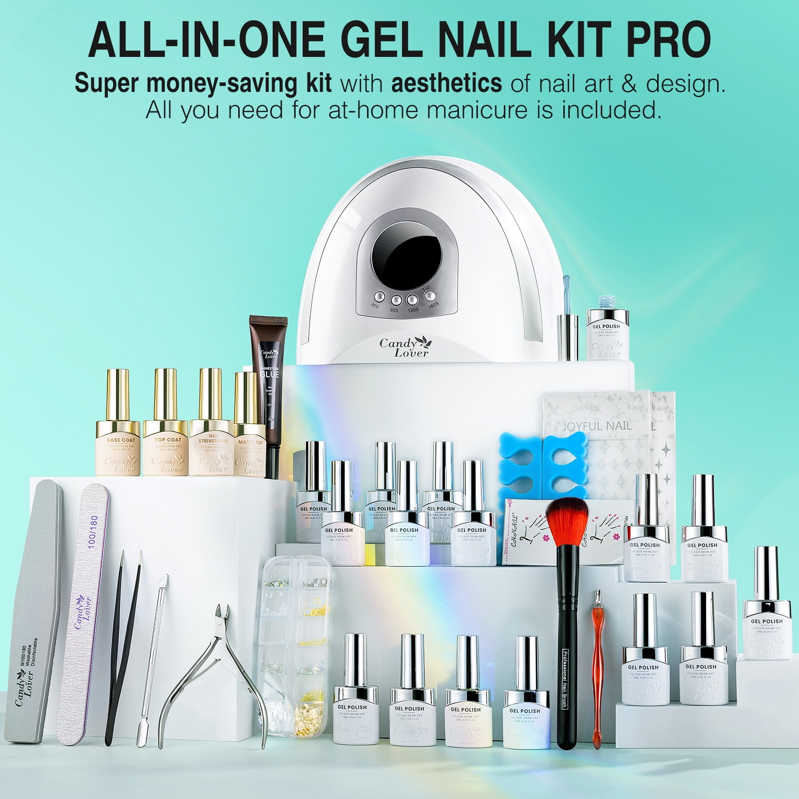 Candy Lover Gel Nail Kit with UV Lamp, 16 Colors Energy Rainbow Gel Nail Polish Set, 132W UV Nail Light & Nail Art Accessories, Valentine's Gift for Girls Women