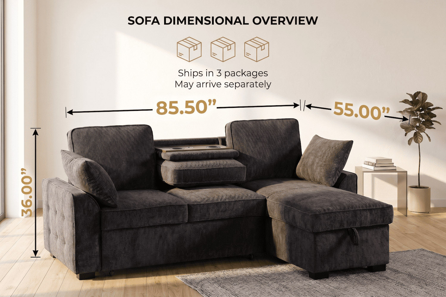 86" Sectional Sofa for Living Room, Convertible L Shaped Sleeper Couch with Pull Out Bed, Modular Chenille Sectional Couch with Storage Chaise, Cup Holders & Removable Tray, Adjustable Backrests