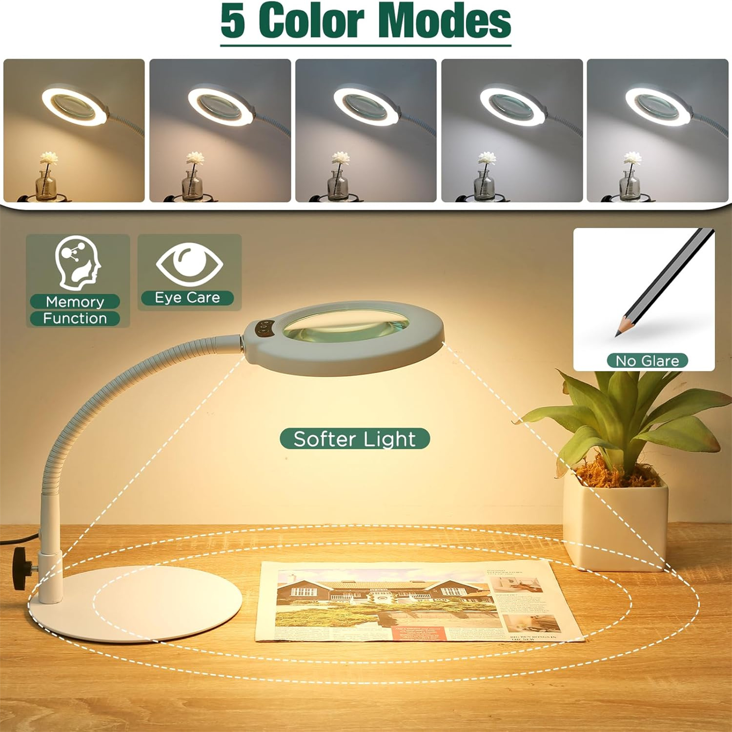 Veemagni Magnifying Glass with Light and Stand, 5 Color Modes Stepless Dimmable LED Lighted Desk Lamp, Hands Free Flexible Gooseneck Magnifier with Light for Craft Hobby Painting Close Work - White