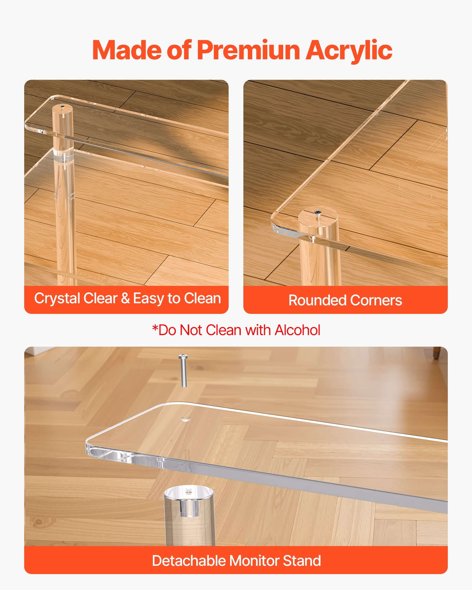 VEVOR Acrylic Table, 2 Tiers Clear Office Desk with Monitor Stand, Acrylic Study Computer Desk, Modern Side End Table Nightstand for Bedroom, Office, Study, Cloakroom, 19.7 x 31.5 x 34.7 in (Clear)