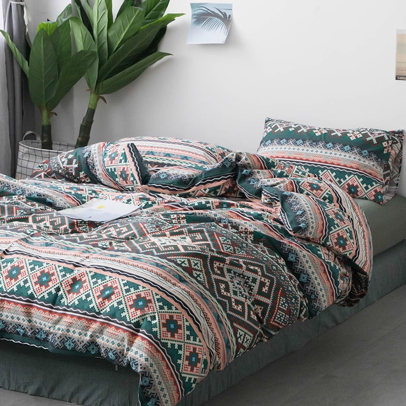 Green Bohemian Vintage Geometric Pattern Bedding Duvet Cover Set Queen