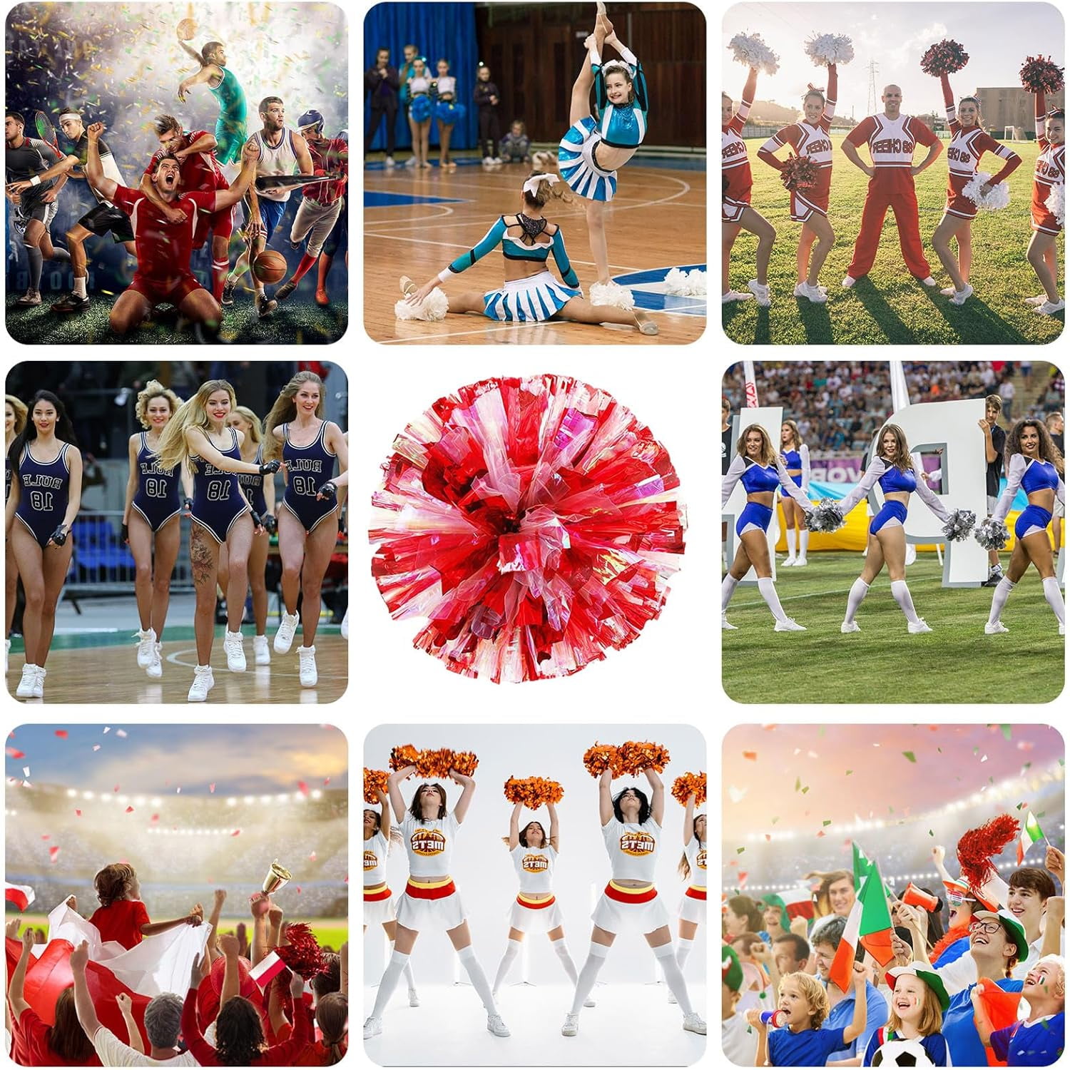 Cheerleader Pom Poms 24 Pack Sports Dance Cheering Plastic Metallic Cheerleading Pom Poms for Kids Adults