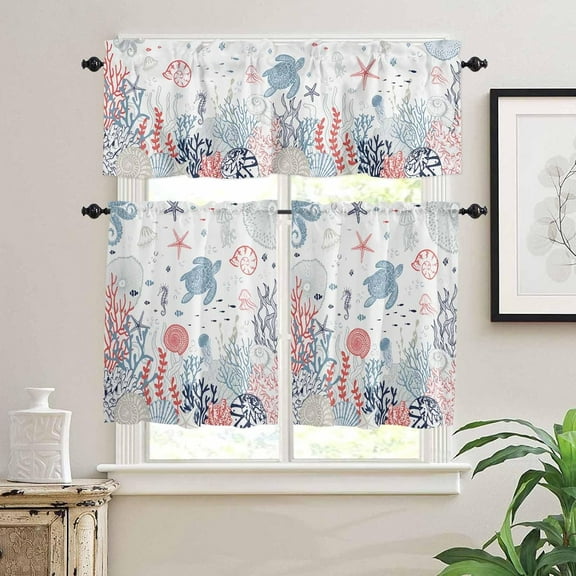 Kitchen Curtains Set, Blue Red Coastal Kitchen Curtains and Valances Set, Nautical Summer Beach Sea Turtle Coral Rod Pocket Tier Curtains 36 Inch Length for Cafe/Bedroom Windows