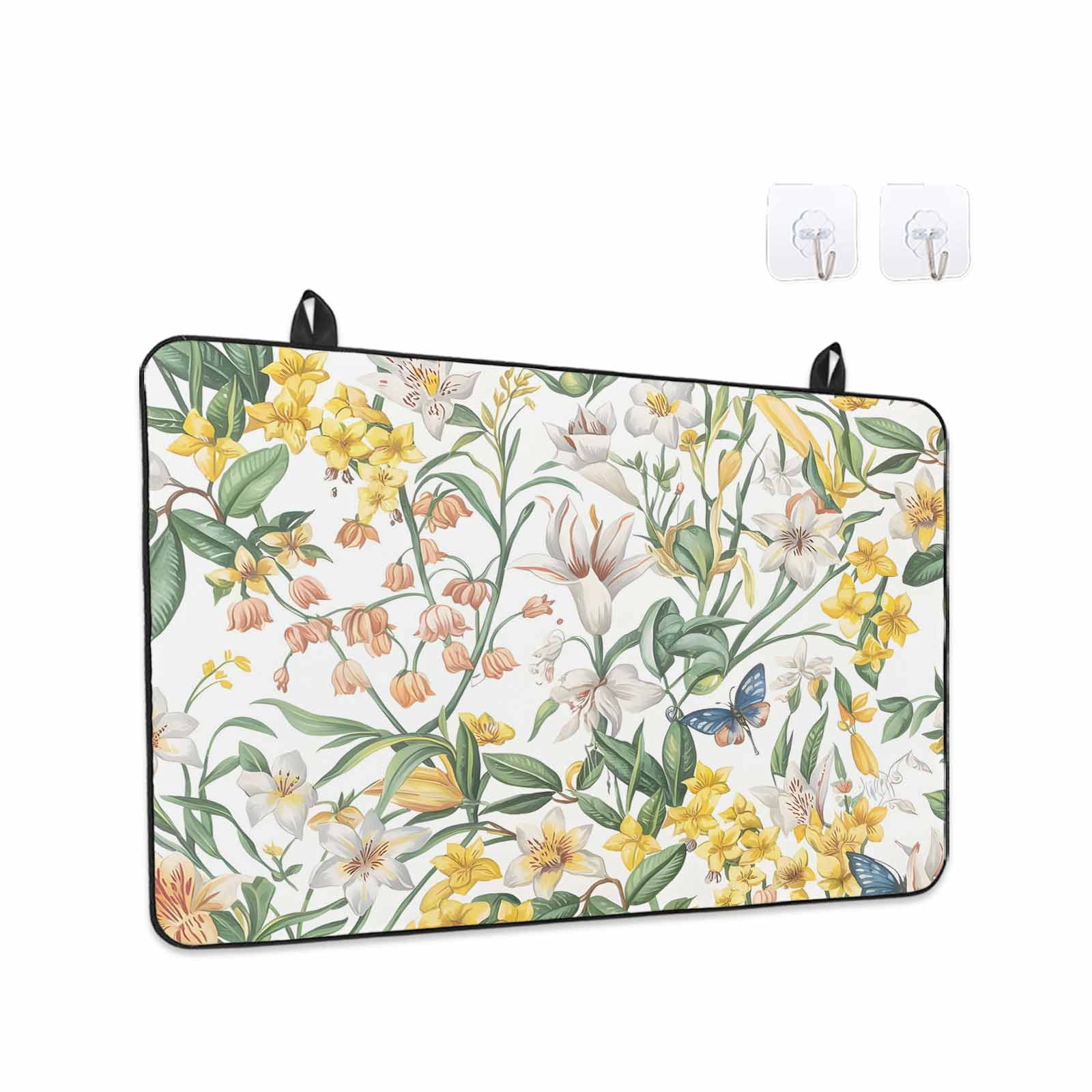 Yellow White Floral Stove Top Cover for Electric Stove, Heat-proof & Non Slip Glass Top Stove Cover Protector, Spring Farmhouse Flowers Botanical Kitchen Flat Cooktop Rubber Mat 24x21 Inches