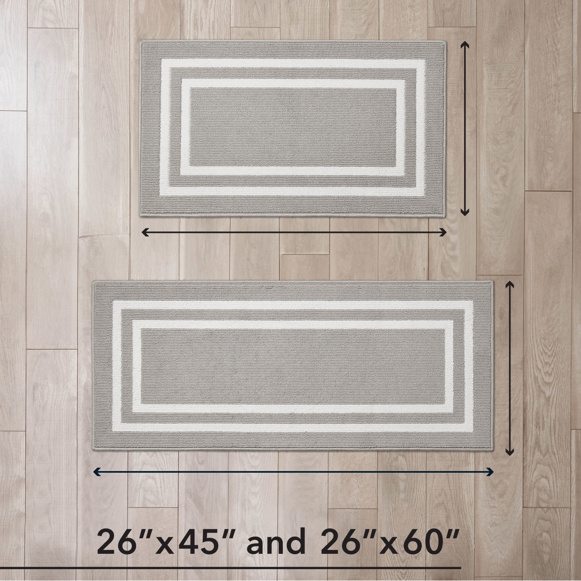 Washable Skid-Resistant Runner Rug, Border, Light Grey and White, 26" x 45" and 26" x 60" 2-Piece Set