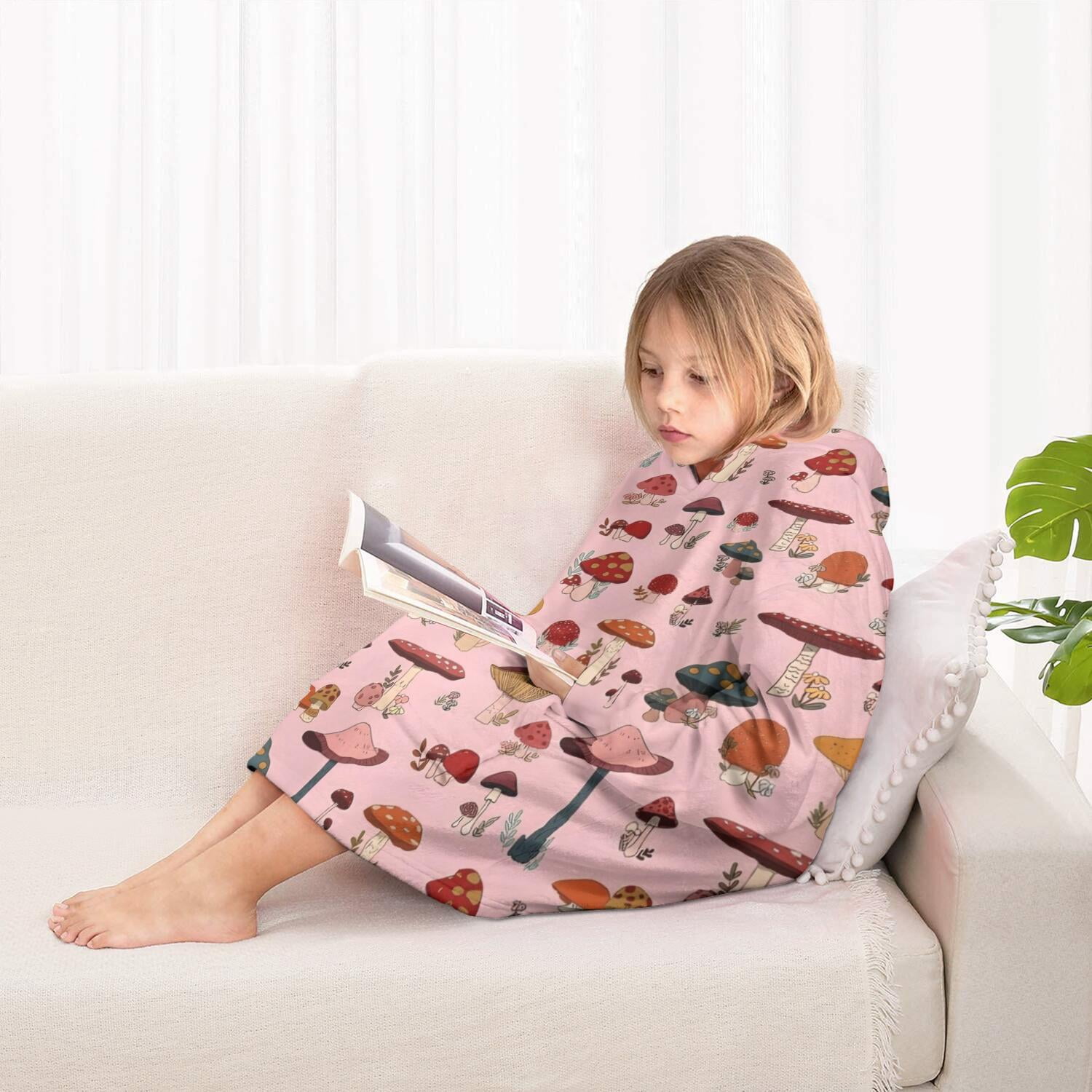 Colorful Mushroom Floral Pink Pattern Blanket Hoodies for Kids 6-13YR Oversize Wearable Blanket Hoodies for Boys Girls Teens